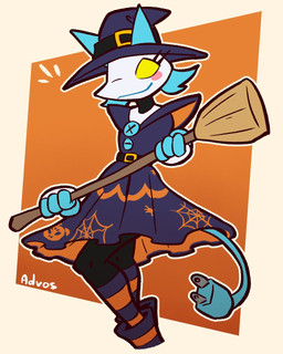 4_fingers anthro blue_hair broom cleaning_tool clothed clothing costume female fingers floating_hands footwear hair hat headgear headwear holidays legwear looking_at_viewer machine magic_user pattern_clothing pattern_legwear pattern_stockings simple_background smile solo stockings striped_clothing striped_legwear striped_stockings stripes text thigh_highs witch witch_costume witch_hat yellow_eyes advos deltarune halloween undertale undertale_(series) muffet tasque_manager darkner felid feline mammal robot robot_anthro 4:5 artist_name digital_media_(artwork) hi_res