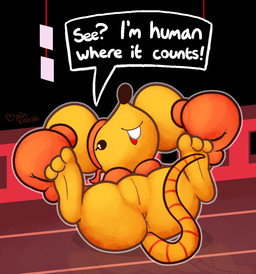 anthro anus boxing_gloves breasts buckteeth butt clothing dialogue feet female fur genitals handwear humanoid_genitalia humanoid_vulva kerchief lying on_back orange_body orange_fur presenting presenting_vulva solo speech_bubble talking_to_viewer teeth text toes vulva pincoosh deltarune undertale_(series) orange_(deltarune) mammal mouse murid murine rodent digital_media_(artwork) english_text signature