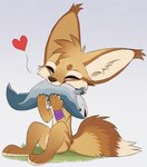 anthro brown_body brown_fur cheek_tuft ear_tuft eyes_closed facial_tuft fur grass happy head_tuft heart_symbol plant sitting smile solo tuft yellow_body yellow_fur aseethe canid canine fennec_fox fish fox mammal marine true_fox 2023 digital_media_(artwork) hi_res signature