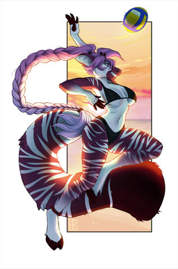 5_fingers anthro bikini breasts clothing day detailed_background female fingers hooves horn midriff navel ossicone outside sky solo sport sunset swimwear two-piece_swimsuit volleyball rayley giraffid mammal okapi 2020 digital_media_(artwork) hi_res