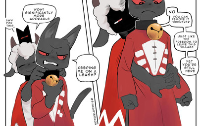 ambiguous_gender anthro bell bell_collar biped black_body black_fur bodily_fluids clothed clothing collar dialogue duo eyes_closed fur hug hugging_another hugging_from_behind male male/male red_sclera simple_background smile speech_bubble text sincastermon cult_of_the_lamb massive_monster_(studio) lamb_(cult_of_the_lamb) narinder red_crown_(cult_of_the_lamb) bovid caprine domestic_cat felid feline felis mammal sheep english_text hi_res