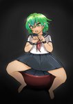 2022 black_background black_bottomwear black_clothing black_skirt bottomwear bound canid clothing female green_eyes green_hair hair hands_tied hi_res human_to_anthro humanoid mammal school_uniform simple_background sitting skirt solo species_transformation surprise toribako transformation uniform