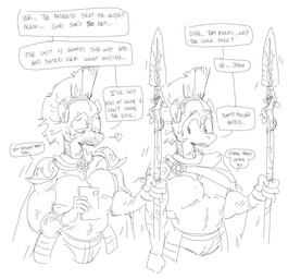 anthro anthrofied armor athletic athletic_anthro athletic_male blush bodily_fluids cellphone dialogue duo electronics headgear helmet male melee_weapon phone polearm smartphone snout spear sweat sweatdrop text weapon mhdrawin friendship_is_magic hasbro my_little_pony royal_guard_(mlp) equid equine horse mammal pony 2023 black_and_white english_text hi_res monochrome sketch