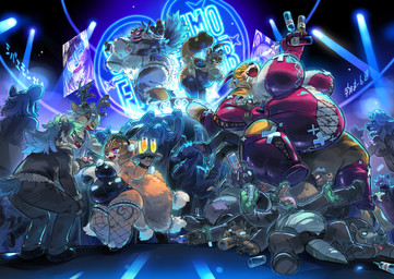 alcohol_bottle annoyed anthro belly beverage_bottle big_belly big_breasts big_butt blue_hair bodily_fluids bottle breasts brown_body brown_fur butt butt_slam candy cheering chokehold close-up clothed clothing container crouching crowd cup curled_horn dancing dessert drinking drunk feathered_wings feathers female fishnet_clothing fishnet_legwear flirting food footwear fur garter_belt garter_straps green_eyes group hair headlock high_heels highlights_(coloring) hitting holding_bottle holding_container holding_cup holding_object holographic_screen horn kemono larger_male legwear losing_balance male naturally_censored neon_lights neon_sign offering_candy offering_food open_mouth open_smile performance pile pink_eyes platform playboy_bunny purple_body purple_eyes purple_fur shoes sign sitting sitting_on_another size_difference smaller_female smile spikes stockings straps striped_hair substance_intoxication sweat sweatdrop thick_thighs waiter white_hair wings wool_(fur) utsuki_maito alligator alligatorid avian bear bovid canid canine caprine crocodilian deer felid fox goat hybrid mammal murid murine new_world_deer pantherine raccoon_dog reindeer reptile rhinoceros rodent scalie tanuki tiger hi_res