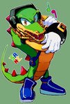 5_fingers anthro clothing electronics fingers footwear gloves handwear headphones male open_mouth simple_background solo teeth tongue yellow_eyes sanikink sega sonic_the_hedgehog_(series) vector_the_crocodile crocodile crocodilian reptile scalie 2021 hi_res signature