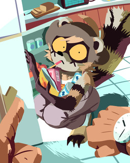 anthro appliance bottomwear bread brown_body brown_fur clock clothing crouching food footwear fridge fur holding_food holding_object kitchen_appliance light_switch looking_at_viewer male microwave_oven midnight_snack mostly_offscreen_character orange_eyes pants shirt shoes slippers solo sweatpants tank_top topwear watch shen_comix pocky shen_(shen_comix) human mammal procyonid raccoon 4:5 absurd_res hi_res