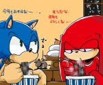 anthro big_eyes big_head blue_body blue_fur dialogue duo fur green_eyes male purple_eyes soba_(food) text toony urahyu sega sonic_the_hedgehog_(series) knuckles_the_echidna sonic_the_hedgehog eulipotyphlan hedgehog mammal japanese_text low_res translated