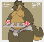 anthro baking_tray belly bulge clothed clothing cookie detailed_bulge eyes_closed food green_body green_scales handwear male moobs nipples oven_mitts overweight overweight_anthro overweight_male scales smile solo tail text thick_tail thick_thighs topless underwear underwear_only scafen_(artist) crocodile crocodilian reptile scalie hi_res