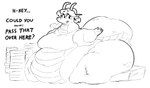 5_fingers anthro belly big_belly bodily_fluids breath ear_fins fat_arms fat_legs female fin fingers horn huge_belly morbidly_obese morbidly_obese_anthro morbidly_obese_female obese obese_anthro obese_female overweight overweight_anthro overweight_female solo sweat sweatdrop tail text bubbiedragon mythology dragon mythological_creature mythological_scalie scalie black_and_white english_text hi_res monochrome