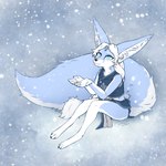 anthro blue_body blue_eyes clothed clothing female fur hair simple_background sitting snow snowing white_body white_hair blokfort kalta_(blokfort) canid canine fennec_fox fox mammal true_fox 1:1 2023 hi_res