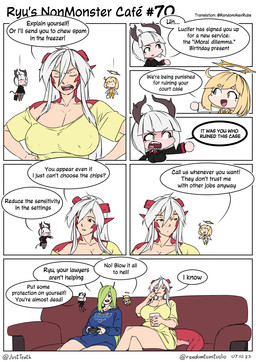 angry big_breasts blonde_hair breasts broken_horn chibi cleavage clothed clothing female group hair halo horn long_hair mole_under_eye monster_girl_(genre) nipple_outline no_bra red_ears red_horn red_tail sharp_teeth shirt simple_background tail teeth text thick_thighs topwear white_background white_hair yellow_clothing yellow_shirt yellow_topwear randomtanstudio mythology ryu's_non_monster_cafe holly_greatman_(randomtanstudio) loo_(randomtanstudio) ryu_(randomtanstudio) vassago_(randomtanstudio) angel animal_humanoid demon dragon dragon_humanoid gastropod gastropod_humanoid humanoid mollusk mollusk_humanoid mythological_creature mythological_scalie scalie slug slug_humanoid comic english_text hi_res