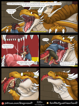 3_toes 5_panel_comic almost_fully_inside anthro anthro_prey barefoot black_stripes bodily_fluids bottomwear brown_hair clothed clothing dialogue drooling duo eyewear facial_spikes feet feral feral_pred fluffy fluffy_tail fur furgonomic_eyewear furgonomics glasses green_eyes hair hand_on_tongue horn in_mouth jacket jaw_spikes larger_pred looking_into_mouth male male/male male_pred male_prey membrane_(anatomy) membranous_wings nameplate neck_bulge open_mouth oral_vore pants partially_inside red_body red_eyes red_fur saliva saliva_string sharp_teeth size_difference soft_vore speech_bubble spiked_tail spikes spikes_(anatomy) stripes tail tan_body tan_fur teeth text toes tongue tongue_out topwear vore willing_prey wings rimentus european_mythology mythology coalt ysmir_(rimentus) dragon furred_dragon furred_scalie mythological_creature mythological_scalie scalie western_dragon winged_dragon wingless_dragon comic english_text hi_res multiple_scenes url