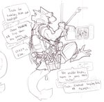 absurd_res anthro belt claws climbing climbing_wall clothed clothing dialogue ellipsis english_text fur gloves handwear harness hi_res holding_object holding_rope jacket maintenance male monochrome neck_tuft pliers rappelling redishdragie rope science_fiction screwdriver sergal simple_background sketch solo speech_bubble tail tail_tuft text toe_claws tool_belt tools topwear tuft utility_belt white_background