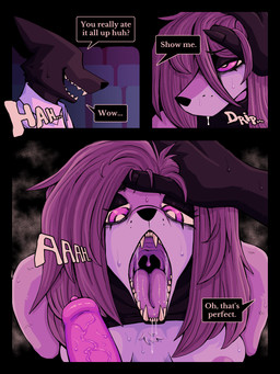 animal_genitalia anthro bodily_fluids canine_genitalia dialogue duo exhibitionism fangs female genitals hair homeless male male/female messy_hair mouth_shot movie_theater open_mouth public public_blowjob red_eyes saliva smile teeth text uvula ponporio homeless_dog the_suit_(ponporio) canid canine mammal 3:4 absurd_res comic english_text hi_res