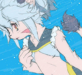 5_fingers anthro blue_background cheerleader claws clothed clothing dutch_angle female fingers fur grey_hair hair kemono orange_body orange_fur pink_body pink_fur raised_tail simple_background skimpy smile solo tail tail_tuft tuft water unknown_artist cyberconnect2 little_tail_bronx solatorobo elh_melizee felid felineko mammal source_request