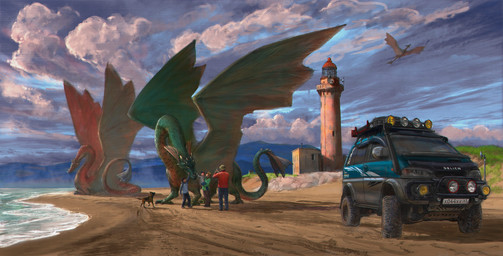 ambiguous_gender beach building camera clothed clothing cloud ear_fins eyewear family female feral fin flying fur green_body green_scales group horn lighthouse male membrane_(anatomy) membranous_wings outside petting photography pupils scales sea seaside size_difference slit_pupils spikes spikes_(anatomy) sunglasses tail tail_fin vehicle water wings alexandr_timofeev mythology canid canine canis domestic_dog dragon human mammal mythological_creature mythological_scalie scalie hi_res