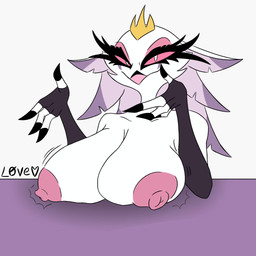 4_fingers anthro areola beak big_areola big_breasts big_nipples breasts crown female fingers furniture half-closed_eyes headgear huge_breasts narrowed_eyes nipples nude pink_eyes pupils simple_background solo table tiara white_body white_pupils love_dead_man fair_argument_(meme) hellaverse helluva_boss stella_(helluva_boss) avian bird demon 1:1 2023 hi_res meme watermark