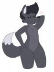 2016 acstlu anthro canid canine dipstick_tail eyes_closed featureless_crotch femboy fox fur grey_body grey_fur heart_symbol hi_res male mammal markings multicolored_tail nude phursie pompadour pose simple_background solo tail tail_markings thick_thighs white_background white_body white_fur wide_hips