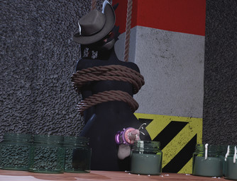 anthro bdsm black_body blush bodily_fluids bondage bound clothing container cowboy_hat cum cum_in_container ejaculation eye_scar facial_scar gag gagged genital_fluids genitals hat headgear headwear humanoid_genitalia humanoid_penis jar machine male milking_machine nude obscured_eyes orange_eyes penile penis penis_milking restraints rope rope_bondage scar solo tape tape_gag taped_mouth text sneakyphox mewgenics zodiac_(mewgenics) domestic_cat felid feline felis mammal 3d_(artwork) absurd_res digital_media_(artwork) english_text hi_res