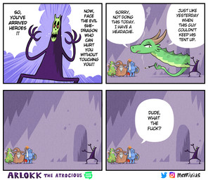 4_fingers 4_panel_comic ambiguous_form ambiguous_gender armor arrow_(weapon) beard black_text blue_armor bone border brown_clothing brown_hat brown_headwear cigarette cigarette_holder clothing dialogue eyelashes facial_hair female fingers full_armor green_body grey_beard grey_facial_hair group hair hat headgear headwear holding_cigarette holding_melee_weapon holding_object holding_shield holding_sword holding_weapon instagram_logo melee_weapon pink_hair profanity ranged_weapon semi-anthro she-dragon_(merrivius) shield skull skull_head speech_bubble sword text twitter_logo weapon white_border merrivius arlokk_the_atrocious instagram mythology twitter webtoon arlokk dragon humanoid mythological_creature mythological_scalie scalie 2022 alternate_version_at_source artist_name comic comic_sans english_text shaded