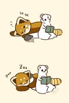 biped book brown_body chibi duo eyes_closed feral kemono lying reading sitting sleeping tail tail_motion tailwag text white_body shi_nominmin ailurid mammal mustelid musteline red_panda stoat true_musteline weasel 2024 hi_res japanese_text