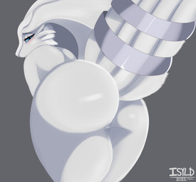 anthro blue_eyes blush butt cheek_tuft eyelashes facial_tuft female fur grey_background looking_at_viewer looking_back looking_back_at_viewer mouth_closed nude presenting presenting_hindquarters simple_background solo standing tail tuft white_body white_fur white_tail isyld nintendo pokemon generation_5_pokemon legendary_pokemon pokemon_(species) reshiram 2021 dated portrait signature three-quarter_portrait