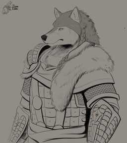 anthro armor assassin braided_hair frown fur grey_background hair logo male male_anthro simple_background solo standing zeanlain canid canine canis mammal wolf 2022 artist_logo hi_res