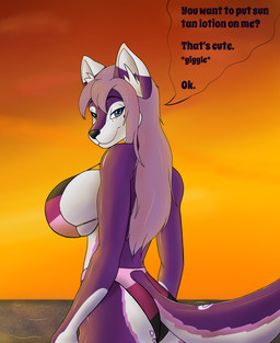 anthro beach big_breasts blue_eyes breasts clothing female inflatable latex purple_body sea solo sunset swimwear water kulkun_(artist) sierra_(sierrapooltoy) absurd_res hi_res
