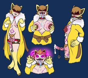 3_toes accessory animal_ears areola ball_gag balls bangs_over_eyes bathrobe bathrobe_only bdsm belt big_areola big_breasts bodily_fluids body_writing bondage bound breasts brown_hair clothing coat collar colored_nails container cup drooling drooling_on_self exhibitionism feet fur_collar gag garter genitals hair hands_on_hips herm hypnosis hypnotic_eyes intersex large_tongue loose_foreskin markings mind_control nails navel nipples obscured_eyes open_mouth pendulum penis penis_bondage pokeball pokeball_gag pubes robe saliva solo toes topwear undressing sandentwins nintendo pokemon generation_1_pokemon humanoid hypno_(pokemon) pokemon_(species) pokemon_humanoid alpha_channel hi_res