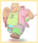 anthro biped bottomwear brown_body brown_fur clothed clothing fur kemono male overweight overweight_male pants running simple_background solo staff furipon mammal suid suine sus_(pig) wild_boar 2023 hi_res