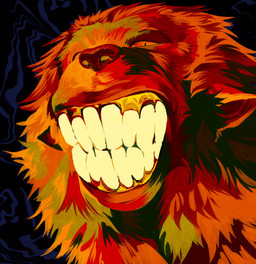 abstract_background ambiguous_gender feral fur looking_at_viewer narrowed_eyes painterly simple_background smile solo stylized teeth toothy_grin tuft roamingthrough haplorhine mammal monkey primate 2024 headshot_portrait hi_res portrait