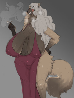 anthro big_breasts breasts cigarette clothing dress ear_piercing ear_ring elderly elderly_female facial_scar female grey_hair hair huge_breasts looking_away mature_female overweight overweight_female piercing pose ring_piercing sagging_breasts scar smoking solo stretch_marks tail lvlirror zelinda_(homura) gulonine mammal mustelid musteline wolverine hi_res