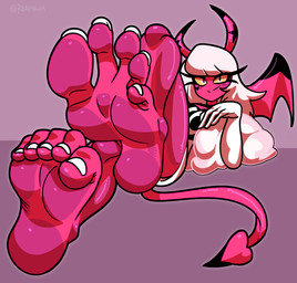 5_toes barefoot colored_nails feet female foot_fetish foot_focus hair horn membrane_(anatomy) membranous_wings nails pink_body soles spade_tail tail toes white_nails wings reathroch hellaverse helluva_boss verosika_mayday demon absurd_res hi_res
