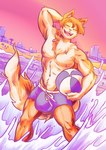 anthro ball beach beach_ball biped bulge clothed clothing eyes_closed fingers hair inflatable male open_mouth open_smile smile solo tail topless topless_anthro topless_male water cerealharem canid canine canis domestic_dog mammal absurd_res hi_res