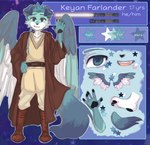 anthro blue_eyes fur jedi jedi_tunic lightsaber male melee_weapon padawan solo teal_body teal_fur weapon white_body white_fur wings young sleepypeachtea star_wars keyan_farlander canid canine colbahound mammal 2024 absurd_res hi_res model_sheet