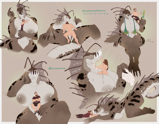 anthro bathing big_breasts big_teeth bikini breasts claws clothing cuddling duo female from_front_position human_on_anthro interspecies larger_female lying male male/female missionary_position muscular muscular_female on_back playful romantic romantic_couple sex showering size_difference smaller_male smile swimwear text two-piece_swimsuit diamondwerewolf ula_(rexpecs) anglerfish aquatic fish human mammal monster english_text hi_res sketch_page
