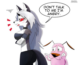 angry anthro big_breasts black_bottomwear black_clothing blush blush_lines bottomwear breasts butt clothing collar crop_top crossed_arms dialogue duo emanata female fur grey_body grey_fur grey_hair hair larger_female long_hair male midriff notched_ear pink_body pink_fur red_sclera shirt side_view simple_background size_difference smaller_male spiked_collar spikes tail text topwear twitter_handle white_background white_eyes thegiftedfire cartoon_network courage_the_cowardly_dog hellaverse helluva_boss mythology courage_the_cowardly_dog_(character) loona_(helluva_boss) canid canid_demon canine canis demon domestic_dog hellhound mammal mythological_canine mythological_creature 2026 artist_name crossover english_text hi_res