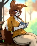 anthro big_breasts biped breasts cleavage clothed clothing detailed_background female female_anthro fur looking_at_viewer reading solo kiit0s claire_(vouivre01) border_collie canid canine canis collie domestic_dog herding_dog mammal pastoral_dog sheepdog digital_media_(artwork) hi_res