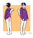 anthro barefoot black_hair black_nose blush bottomless bottomless_male butt butt_slap clothed clothing covering covering_crotch covering_self embarrassed eyes_closed feet front_and_back hair hoodie humiliation male multiple_angles pink_hair simple_coloring slap solo spank_marks spanking topwear white_body chesterpill digital_media_(artwork) hi_res