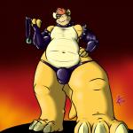 anthro ball_gag bulge clothing collar gag latex looking_at_viewer male overweight overweight_anthro overweight_male smile solo spiked_collar spikes standing underwear kotetsu_rexen mario_bros nintendo koopa scalie 1:1 absurd_res hi_res