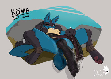 anthro black_penis blue_body bodily_fluids excessive_genital_fluids excessive_precum genital_fluids genitals knot male musk penis precum red_eyes solo sweat tribal dukeofbananas nintendo pokemon generation_4_pokemon lucario pokemon_(species) absurd_res hi_res