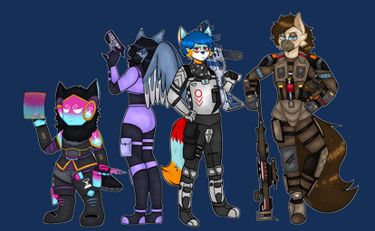 anthro armor beak black_body black_fur black_hair blue_body blue_eyes blue_fur blue_hair brown_body brown_fur brown_hair female fur group group_photo hair hologram knife leaning_on_weapon looking_at_viewer machine male multicolored_body multicolored_face multicolored_fur protogen_visor purple_eyes red_eyes weapon weapon_on_shoulder wings loud_queen electronic_arts mythology respawn_entertainment titanfall darrow_(stallion) elizabeth_gutierrez_(izzy) falcon_woodwere loco_(protogen) arctic_wolf avian canid canine canis equid equine gryphon horse mammal mythological_avian mythological_creature protogen wolf absurd_res alpha_channel hi_res