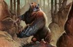 ambiguous_gender blood bodily_fluids bone brown_body brown_fur detailed_background feral forest fur nature open_mouth outside plant roaring skull solo standing teeth tongue tree jesper_ejsing hasbro magic:_the_gathering wizards_of_the_coast runeclaw_bear bear mammal official_art