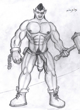 abs angry big_penis bodily_fluids boots bottomwear clothing cuff_(restraint) cum eye_patch eyewear footwear foreskin front_view genital_fluids genitals glans half-erect hammer handcuffs humanoid_genitalia humanoid_penis humanoid_pointy_ears ineffective_clothing ineffective_loincloth loincloth male metal_cuffs muscular muscular_humanoid muscular_male nipples not_furry partially_retracted_foreskin pecs penis pointy_ears precum restraints scary shackles shoes solo tools tusks xionxiox humanoid monster orc greyscale hi_res monochrome