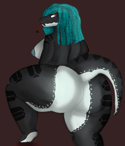 amber_eyes anthro big_breasts big_butt big_tail breasts butt dreadlocks feet female huge_breasts huge_butt huge_thighs looking_at_viewer markings one_leg_up raised_leg simple_background smile smiling_at_viewer solo tail thick_thighs tongue tongue_out archerwonder naveed reptile scalie snake absurd_res hi_res