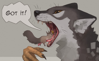ambiguous_feral ambiguous_gender bodily_fluids claws drooling duo feral fur gold_(metal) gold_jewelry imminent_vore jewelry markings open_mouth paws predator/prey ring ring_(jewelry) saliva saliva_string scutes simple_background size_difference size_play speech_bubble tail teeth text tongue tongue_out whisker_spots whiskers eeeevio mythology ody_(eeeevio) rauron canid canine hybrid mammal mythological_creature rodent sciurid tree_squirrel digital_drawing_(artwork) digital_media_(artwork) english_text hi_res portrait shaded male_(lore)