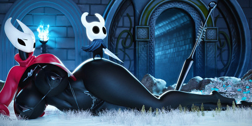 2_horns ambiguous_gender anthro bikini biped black_body black_eyes breasts cloak clothing duo female holding_melee_weapon holding_object holding_weapon horn lying male male/female melee_weapon on_side standing_on_butt swimwear two-piece_swimsuit weapon blackspoiler bom39_(modeler) hollow_knight_(franchise) team_cherry hornet_(hollow_knight) the_knight_(hollow_knight) arachnid arthropod spider vessel_(species) 2025 3d_(artwork) digital_media_(artwork) hi_res half_sister_(lore) sibling_(lore) sister_(lore)