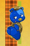 anthro black_outline blue_butt blue_ears blue_tail blush bottomless butt clothed clothing glistening glistening_body glistening_butt male open_mouth outline simple_background smile solo tail lkiws animal_crossing nintendo hugh_(animal_crossing) domestic_pig mammal suid suine sus_(pig) digital_media_(artwork) hi_res