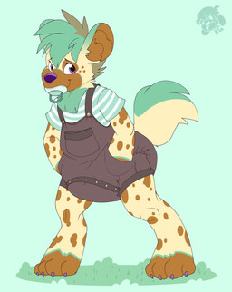 4_toes ambiguous_gender anthro big_diaper blush blush_lines brown_body brown_clothing brown_fur brown_hair brown_inner_ear brown_overalls brown_spots button_(fastener) claws clean_diaper clothed clothing diaper diaper_under_clothing digitigrade dipstick_ears dipstick_tail ear_markings feet fur gloves_(marking) grass green_background green_body green_ear_tips green_fur green_hair green_pacifier green_tail green_tail_tip hair hand_in_pocket leg_markings logo markings mohawk multicolored_body multicolored_ears multicolored_fur multicolored_hair object_in_mouth onesie overalls pacifier pacifier_in_mouth pattern_clothing pattern_shirt pattern_topwear plant pockets purple_claws purple_nose shirt simple_background smile snapsuit socks_(marking) solo spots spotted_body spotted_face spotted_fur striped_clothing striped_shirt striped_topwear stripes tail tail_markings three-quarter_view toe_claws toes topwear two_tone_hair two_tone_tail wearing_diaper yellow_body yellow_fur yellow_tail bubblepuppers vanela_(character) hyena mammal absurd_res artist_logo full-length_portrait hi_res portrait