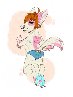 anthro blue_clothing blue_panties blue_pawpads blue_underwear butt chibi claws clothed clothing ear_piercing eyelashes female fur gear glistening glistening_eyes green_eyes grey_claws grey_nose hair kneeling narrowed_eyes orange_hair panties pawpads piercing pink_body pink_fur simple_background smile solo topless underwear white_body white_fur riorix canid mammal 2017 dated full-length_portrait hi_res portrait signature